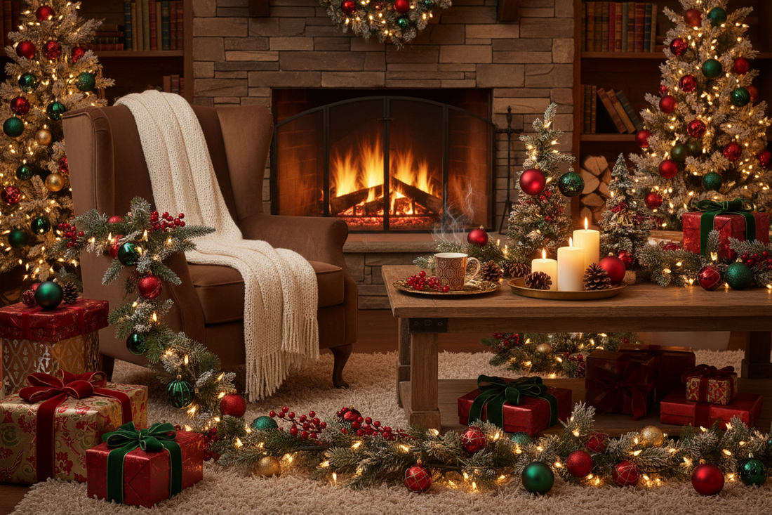 Cozy Christmas living room with glowing fireplace, decorated tree, garlands, gifts, candles, and festive ornaments — perfect holiday home decor inspiration.