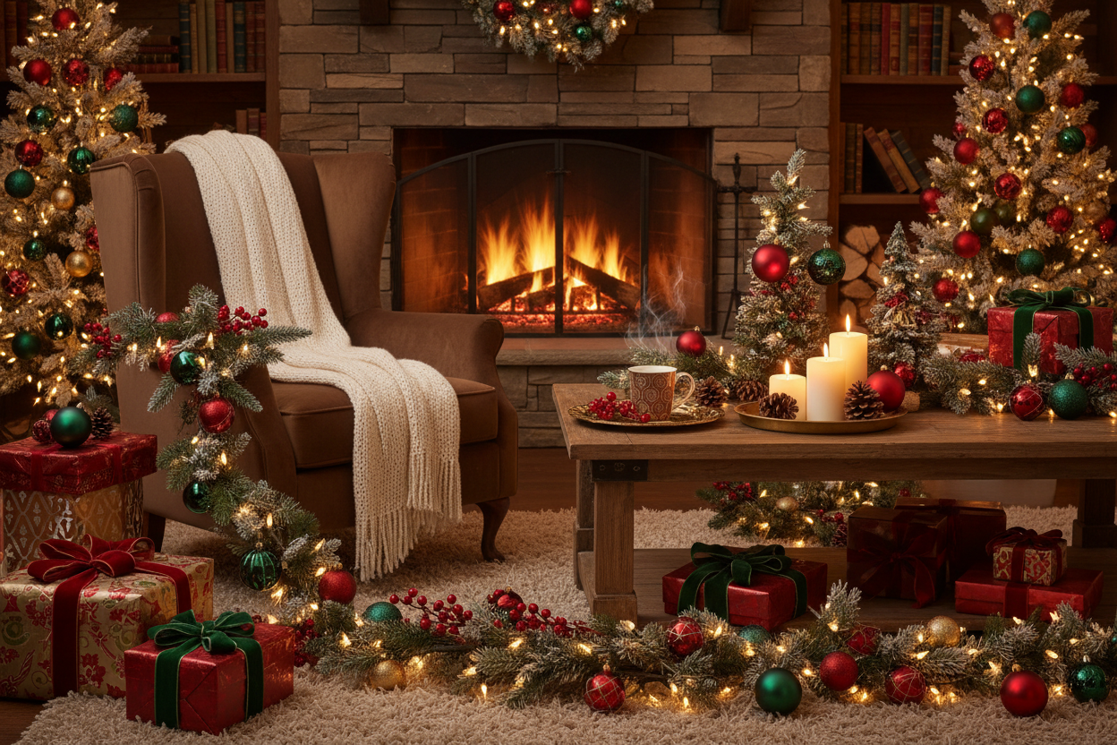 Cozy Christmas living room with glowing fireplace, decorated tree, garlands, gifts, candles, and festive ornaments - perfect holiday home decor inspiration