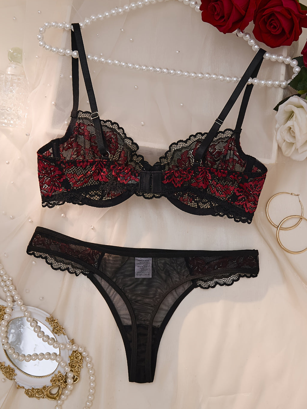 Christmas Black & Red Lace Sexy Lingerie Set – See-Through Push-Up Bra & Briefs