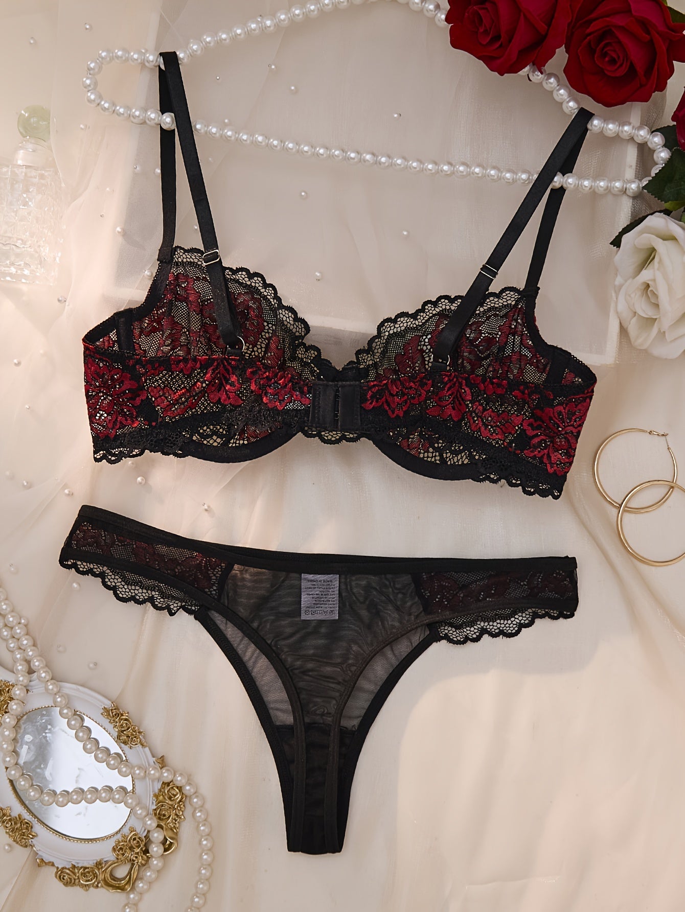 Christmas Black & Red Lace Sexy Lingerie Set – See-Through Push-Up Bra & Briefs