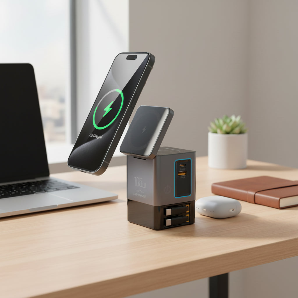 105w charging station with retractable usb c cable multiple usb ports and 15w wireless charging for fast convenient device charging