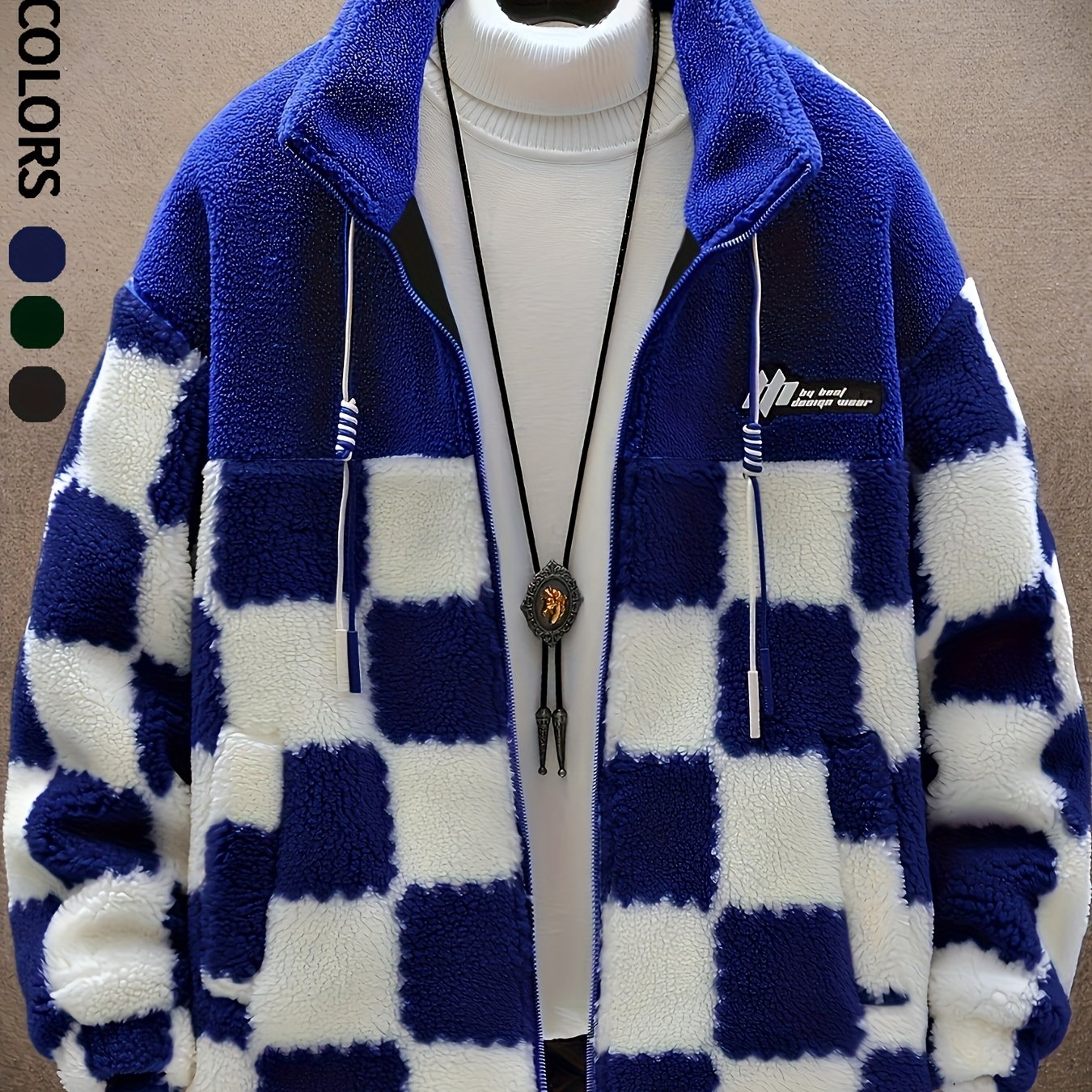Men’s Blue & White Checkered Plush Winter Coat – Hooded Zip-Up Jacket