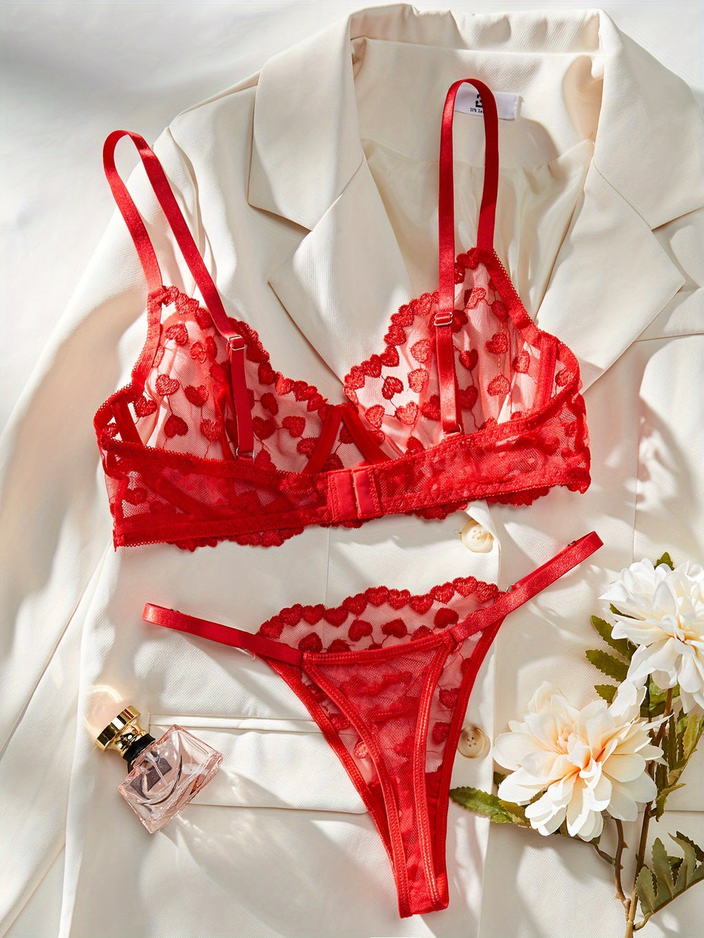 Romantic Heart Embroidered Lingerie Set – Sheer Lace & Underwire Design