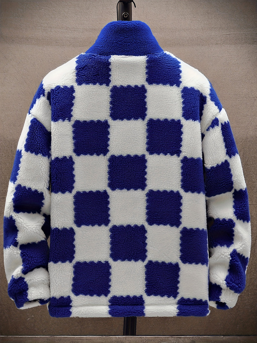 Men’s Blue & White Checkered Plush Winter Coat – Hooded Zip-Up Jacket