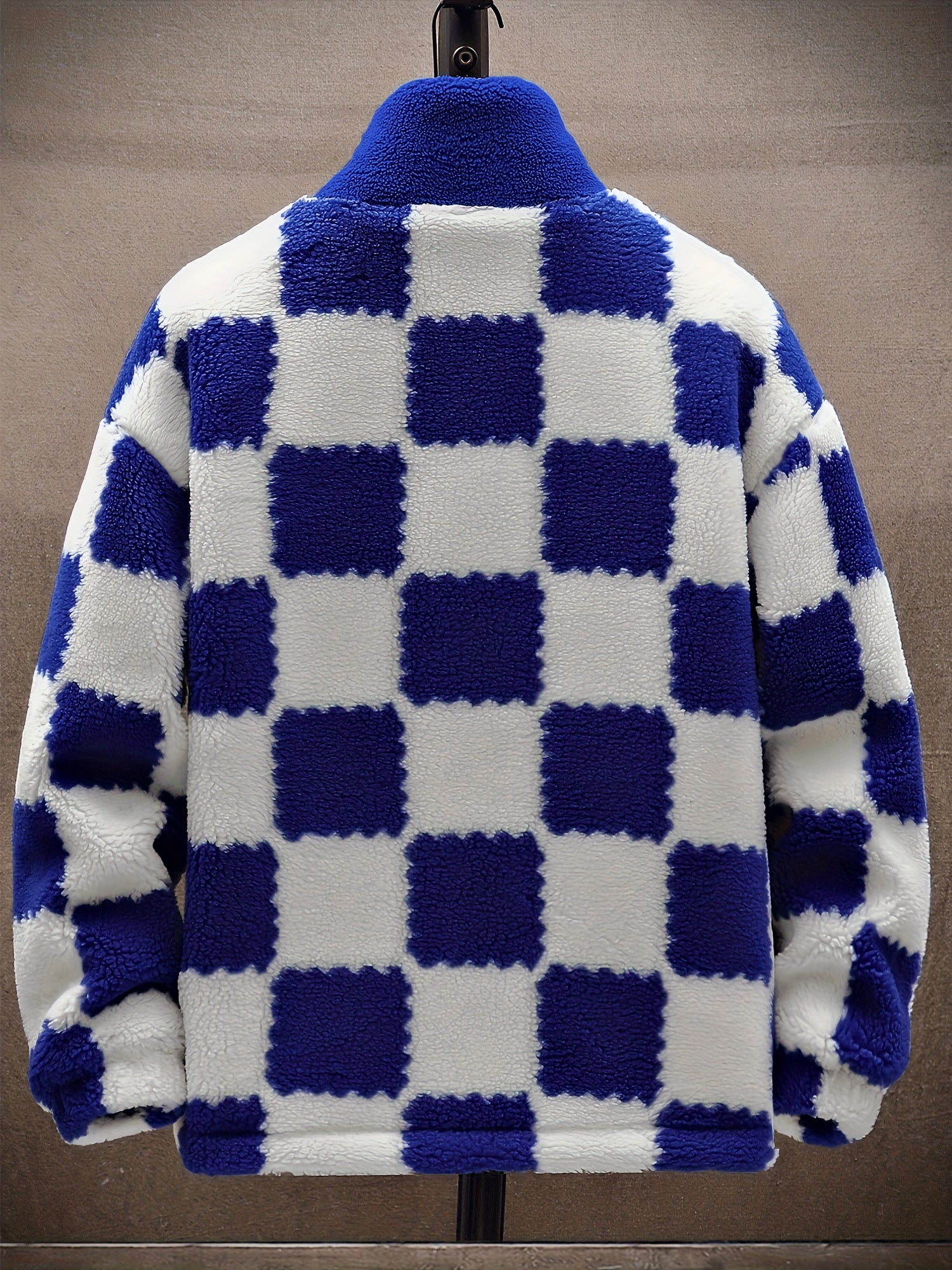 Men’s Blue & White Checkered Plush Winter Coat – Hooded Zip-Up Jacket