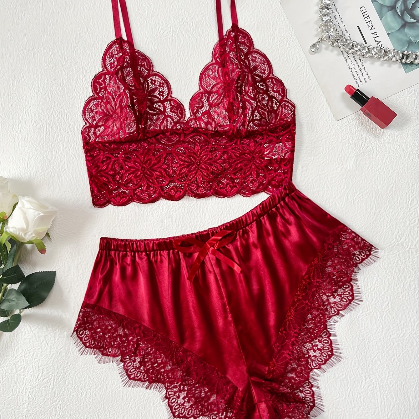Deep V Lace & Satin Lingerie Set – Sexy Patchwork Underwear for Women