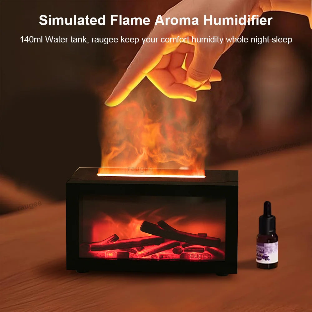 Mini 3D flame effect aroma humidifier with colorful LED light, simulating a fireplace while diffusing essential oils for relaxation and moisture.