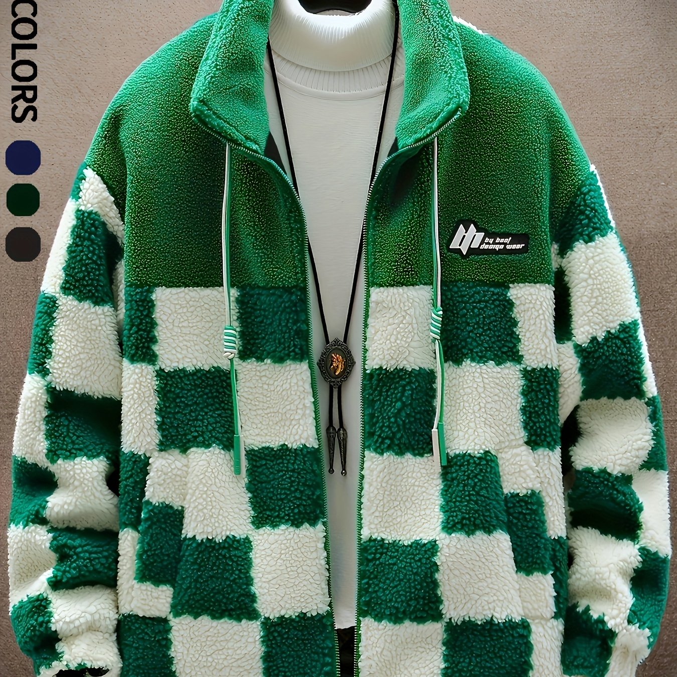 Men’s Blue & White Checkered Plush Winter Coat – Hooded Zip-Up Jacket