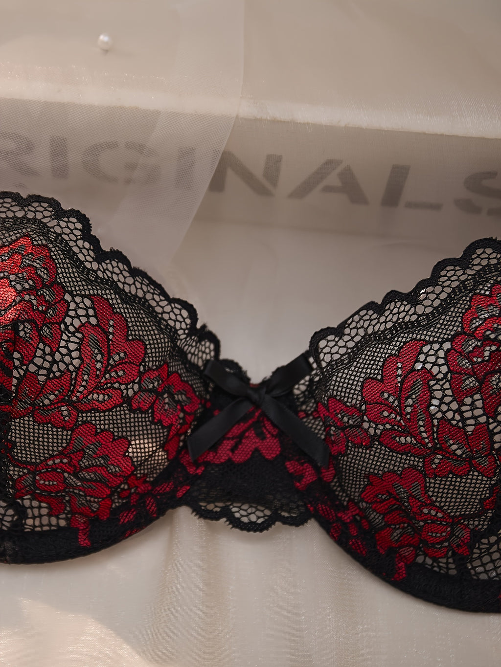 Christmas Black & Red Lace Sexy Lingerie Set – See-Through Push-Up Bra & Briefs