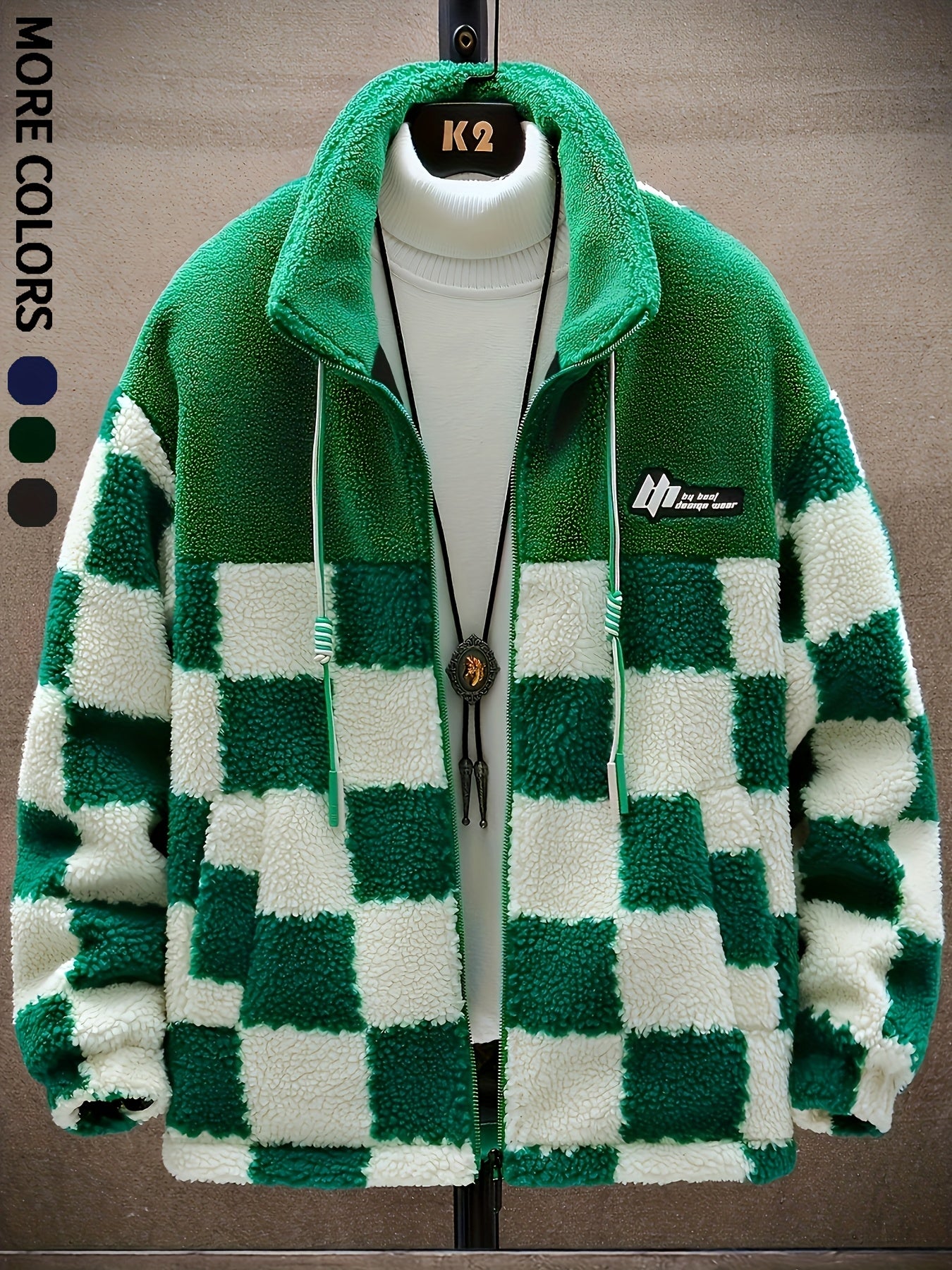 Men’s Blue & White Checkered Plush Winter Coat – Hooded Zip-Up Jacket