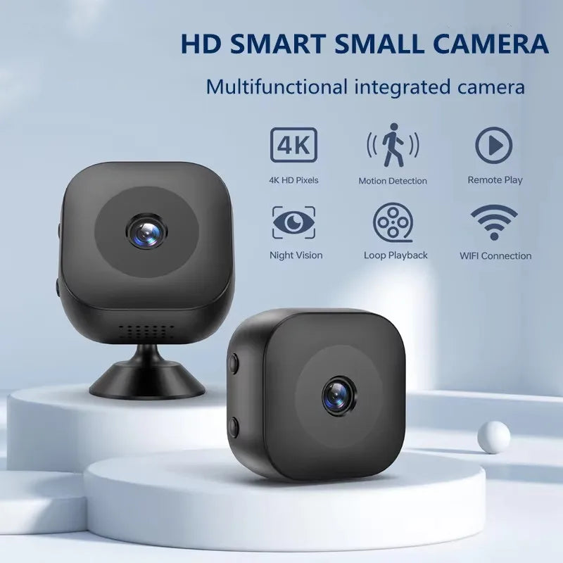 4K mini security camera with full-color night vision, waterproof housing, and WiFi for remote monitoring and motion detection.