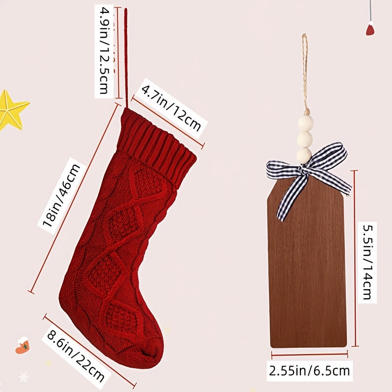 8-Piece Large Christmas Stockings Set with DIY Wood Name Tags – Red & White Xmas Hanging Decorations