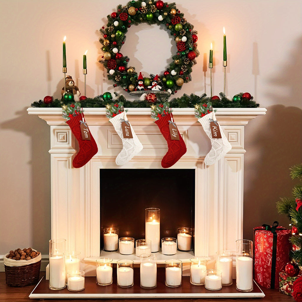 8-Piece Large Christmas Stockings Set with DIY Wood Name Tags – Red & White Xmas Hanging Decorations