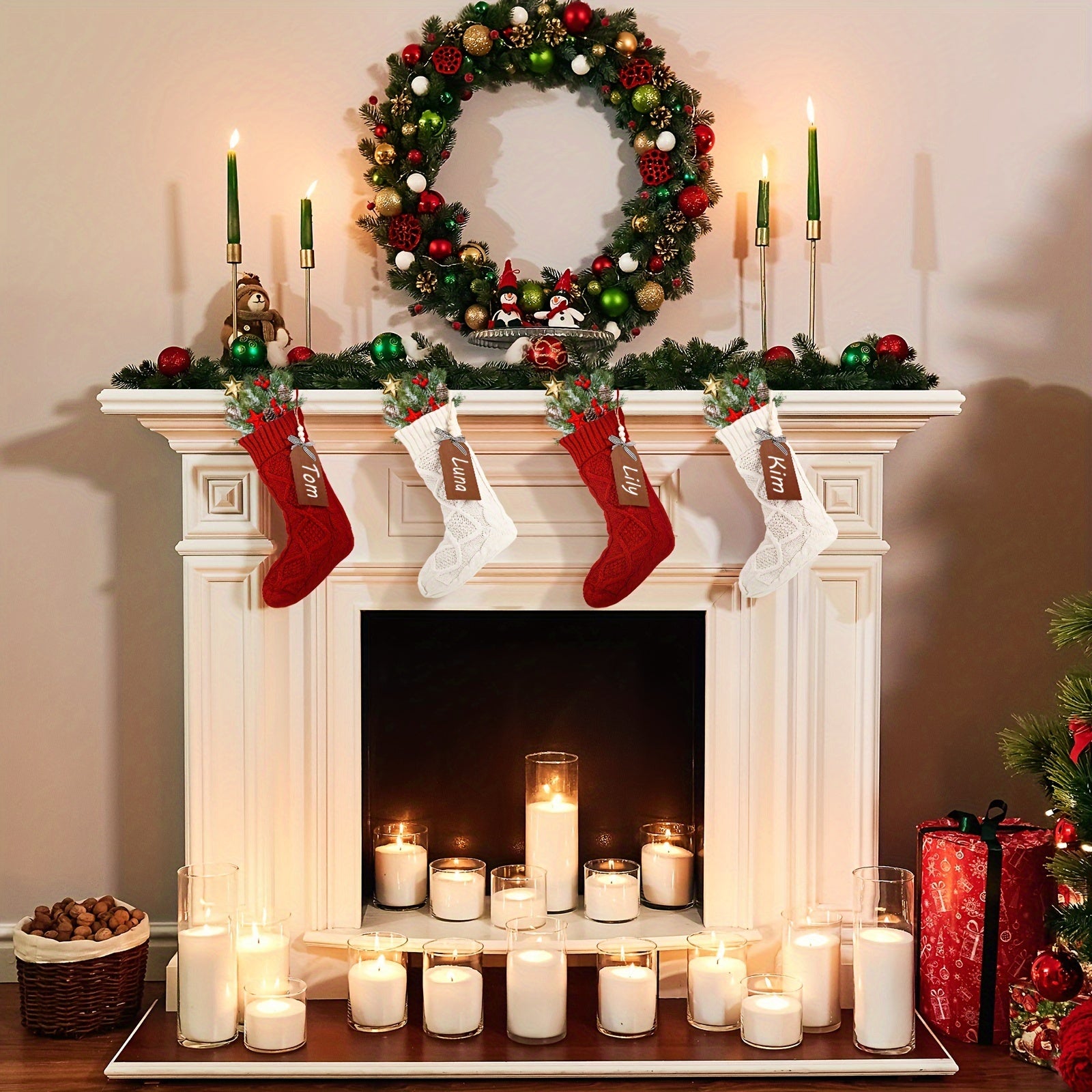 8-Piece Large Christmas Stockings Set with DIY Wood Name Tags – Red & White Xmas Hanging Decorations