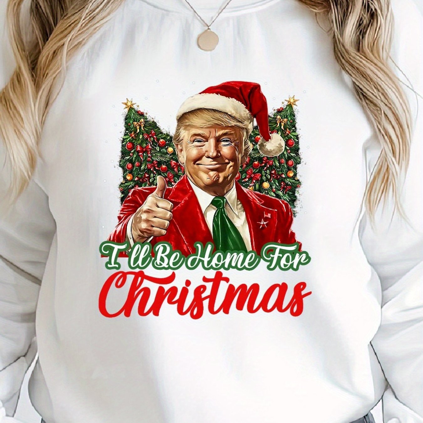 Women’s Cozy Christmas Sweater "I’ll Be Home For Christmas" Trump– Casual Crew Neck Pullover