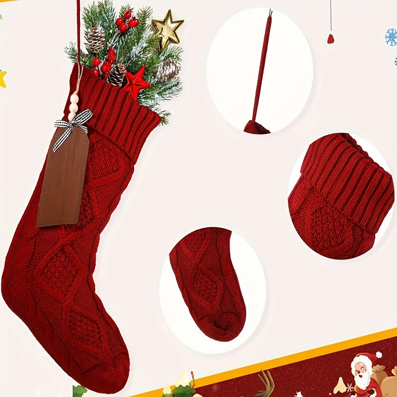 8-Piece Large Christmas Stockings Set with DIY Wood Name Tags – Red & White Xmas Hanging Decorations