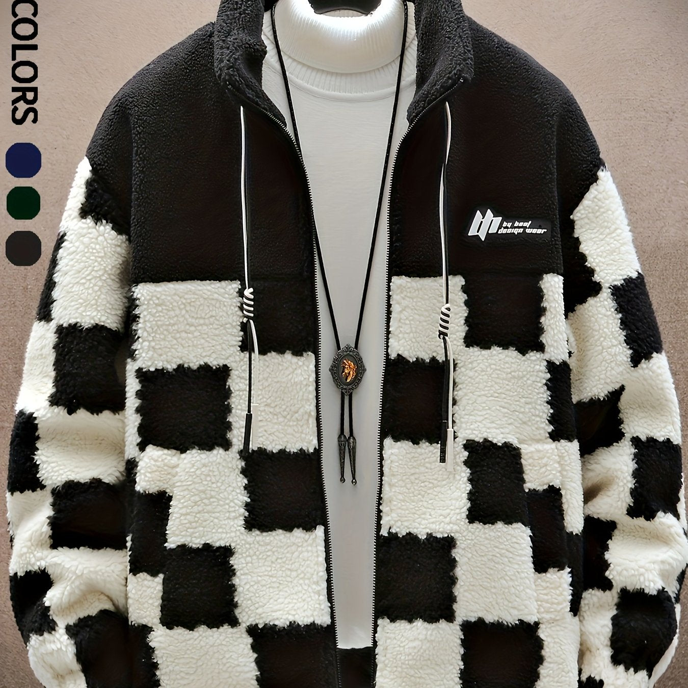 Men’s Blue & White Checkered Plush Winter Coat – Hooded Zip-Up Jacket