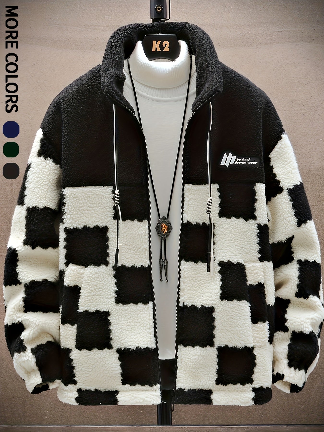 Men’s Blue & White Checkered Plush Winter Coat – Hooded Zip-Up Jacket