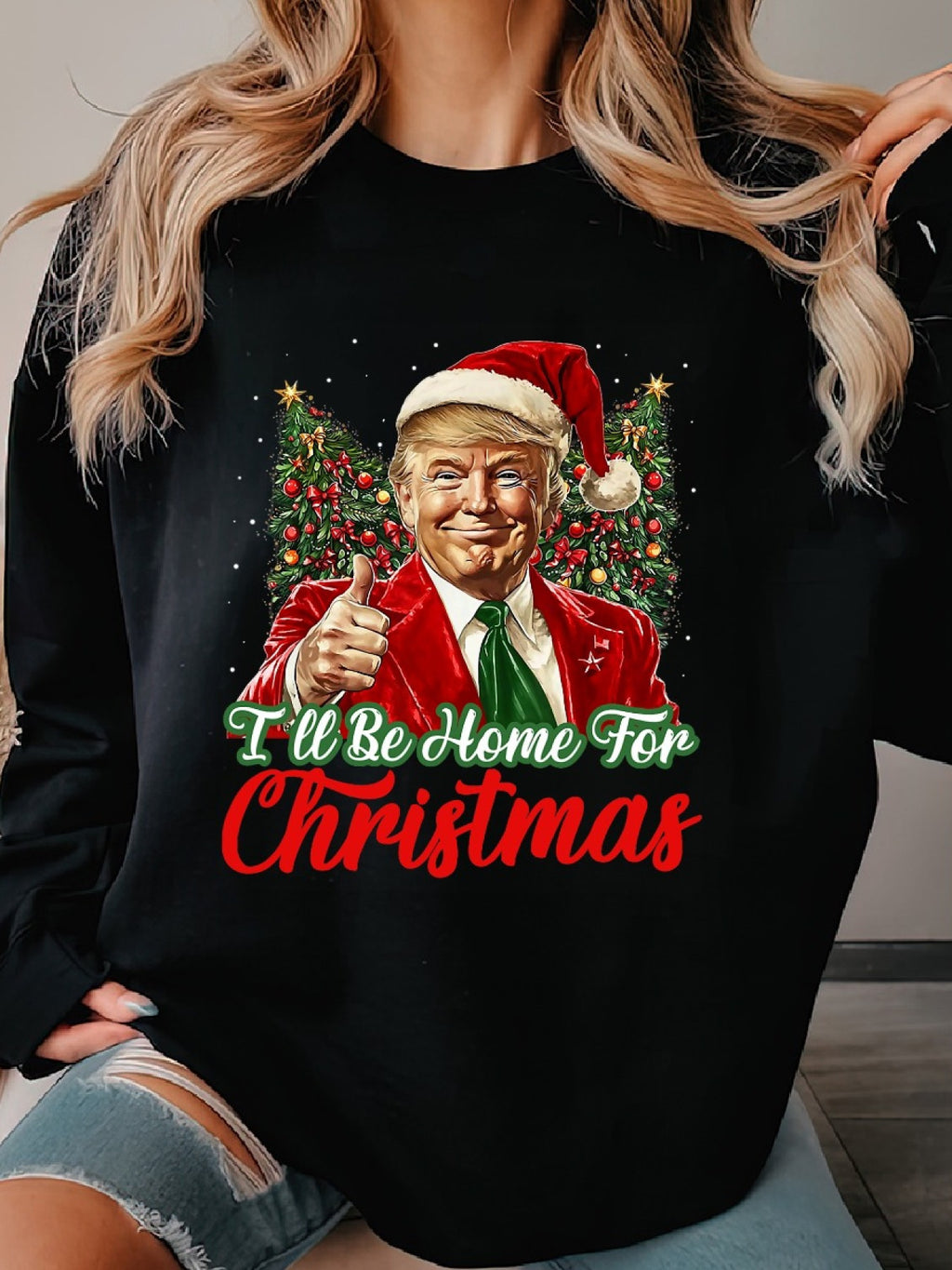 Women’s Cozy Christmas Sweater "I’ll Be Home For Christmas" Trump– Casual Crew Neck Pullover