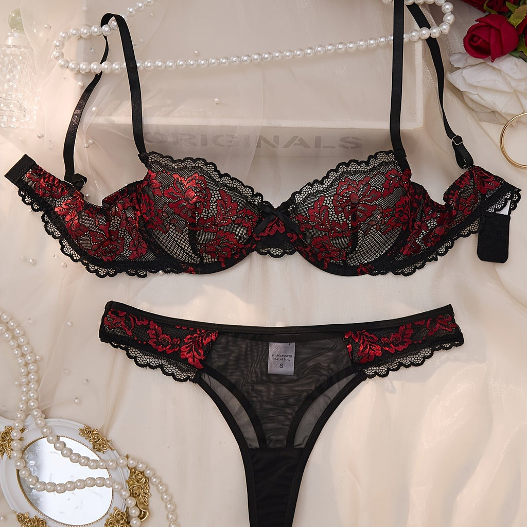 Christmas Black & Red Lace Sexy Lingerie Set – See-Through Push-Up Bra & Briefs