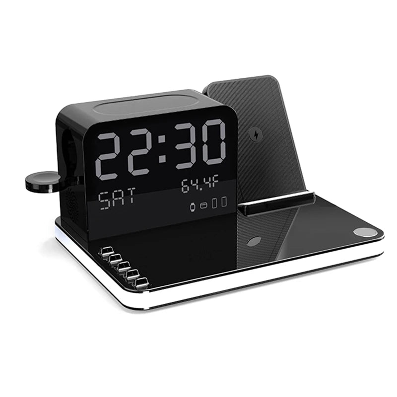 7-in-1 Wireless Charging Station with Clock & Night Lights – Fast Charger Stand for Smartphones & Watches