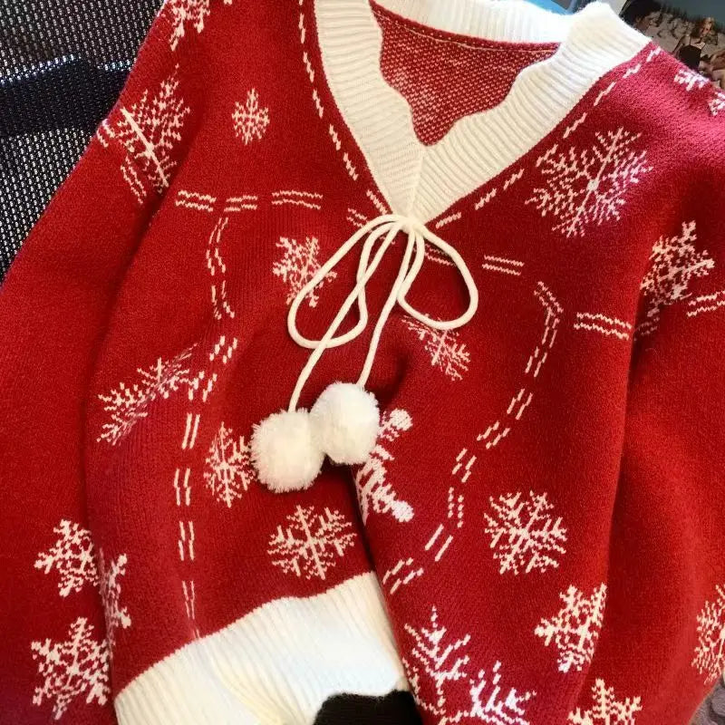 Women's Snowflake V-Neck Christmas Sweater with Bow – Winter Knit Pullover