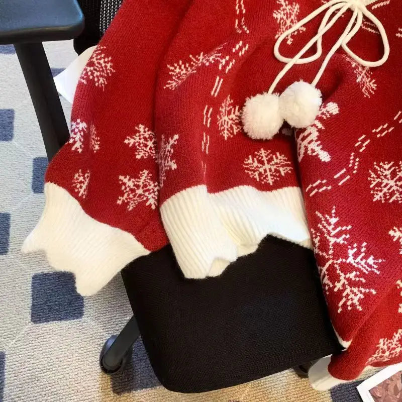 Women's Snowflake V-Neck Christmas Sweater with Bow – Winter Knit Pullover