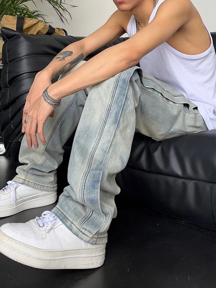 Men’s Baggy Light Blue Jeans – Y2K Vintage Spliced Straight-Leg Pants
