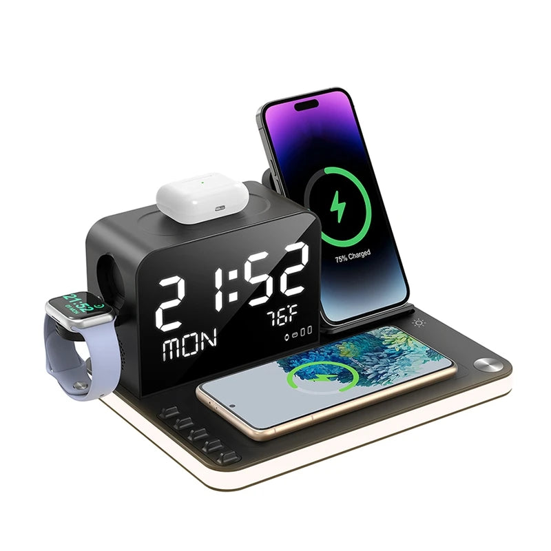 7-in-1 Wireless Charging Station with Clock & Night Lights – Fast Charger Stand for Smartphones & Watches