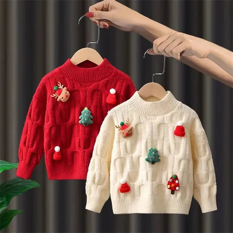 Christmas Cartoon Sweater for Girls – Warm Knit Pullover (2–8 Years)