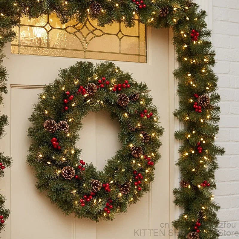 2.7M Pre-Lit Christmas Garland with Pinecones & Red Berries – Holiday Glow Decoration