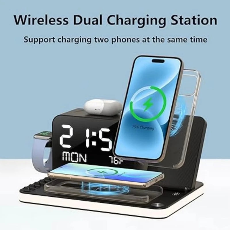 7-in-1 Wireless Charging Station with Clock & Night Lights – Fast Charger Stand for Smartphones & Watches