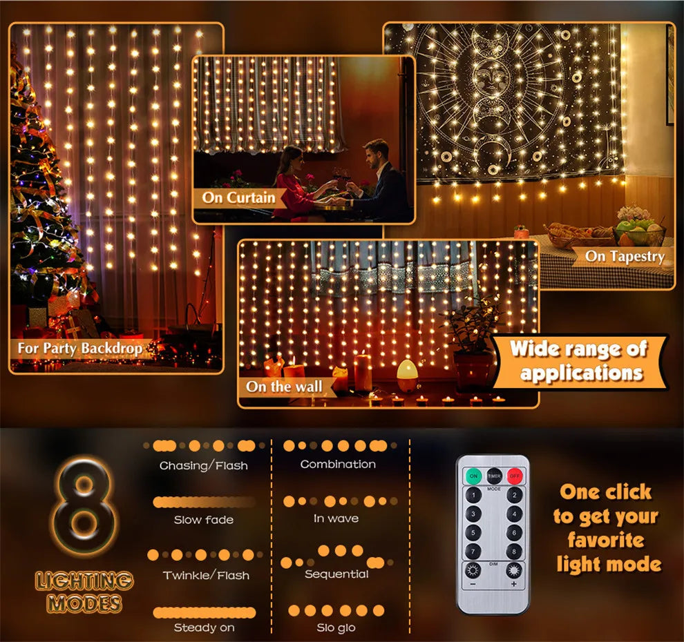 LED Christmas Fairy String Curtain Lights – 8 Modes USB Remote Holiday Decor for Home