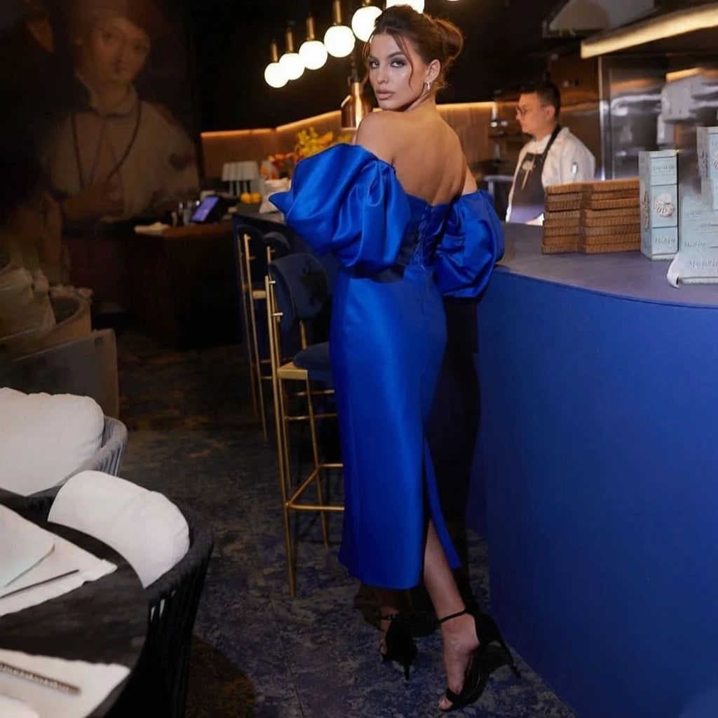 Dark Blue Satin Cocktail Dress – Off-Shoulder Midi Gown with Puff Sleeves