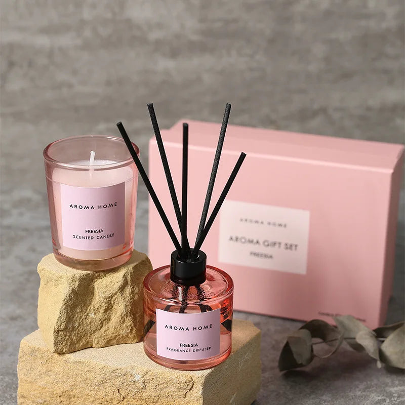 2pcs Aromatherapy Gift Set – Essential Oil & Handmade Scented Candle with Rattan Diffuser