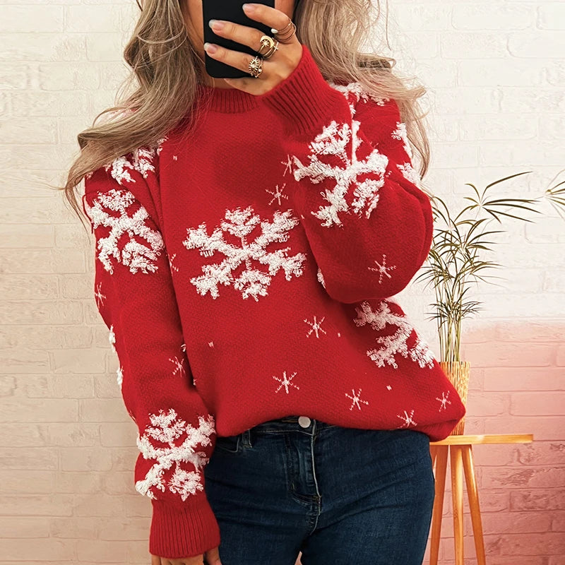 Women's Snowflake Christmas Sweater – Cozy Knit Pullover with Holiday Print