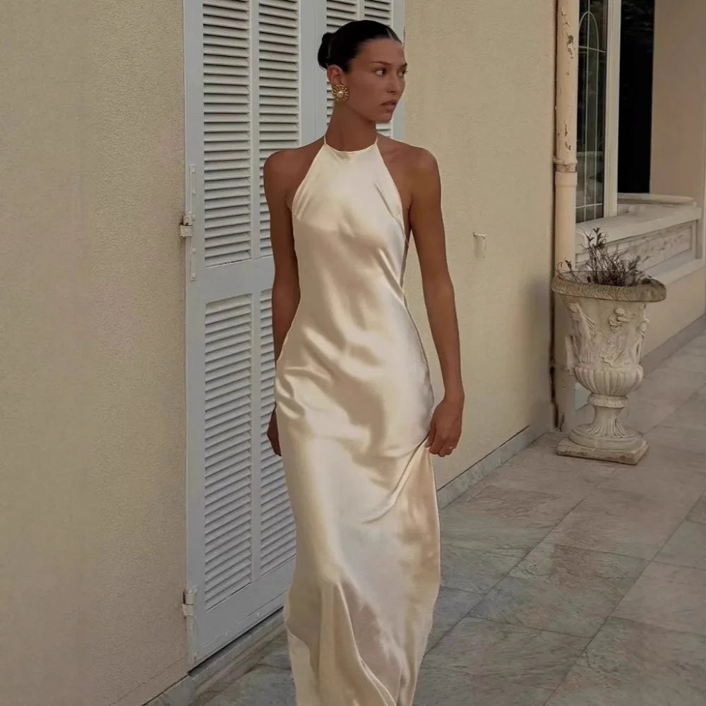 Elegant Satin Halter Summer Dress – Backless Slim Fit Evening Gown