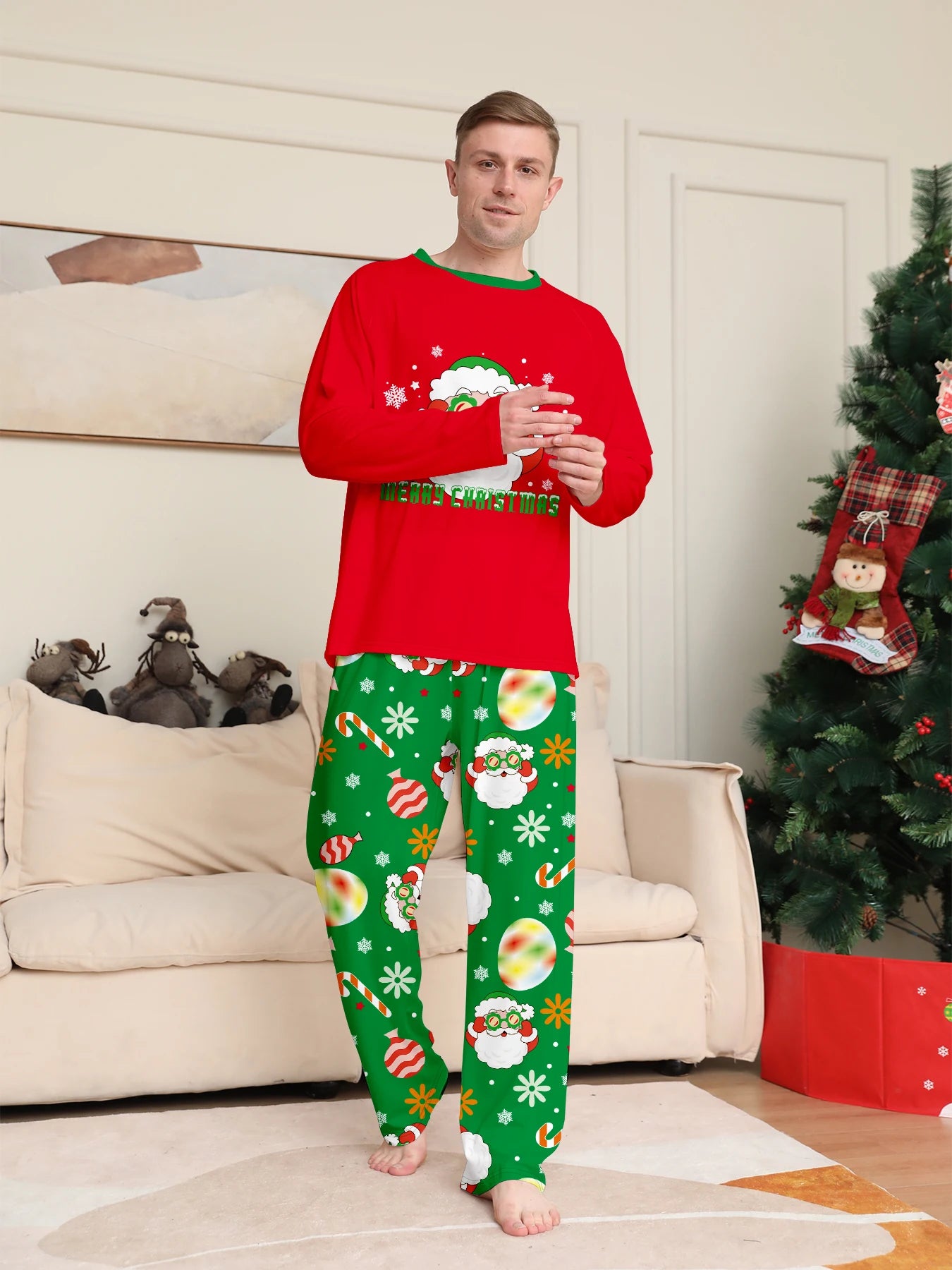 Family Matching Xmas Sleepwear Set – Red Santa Tops & Green Printed Bottoms