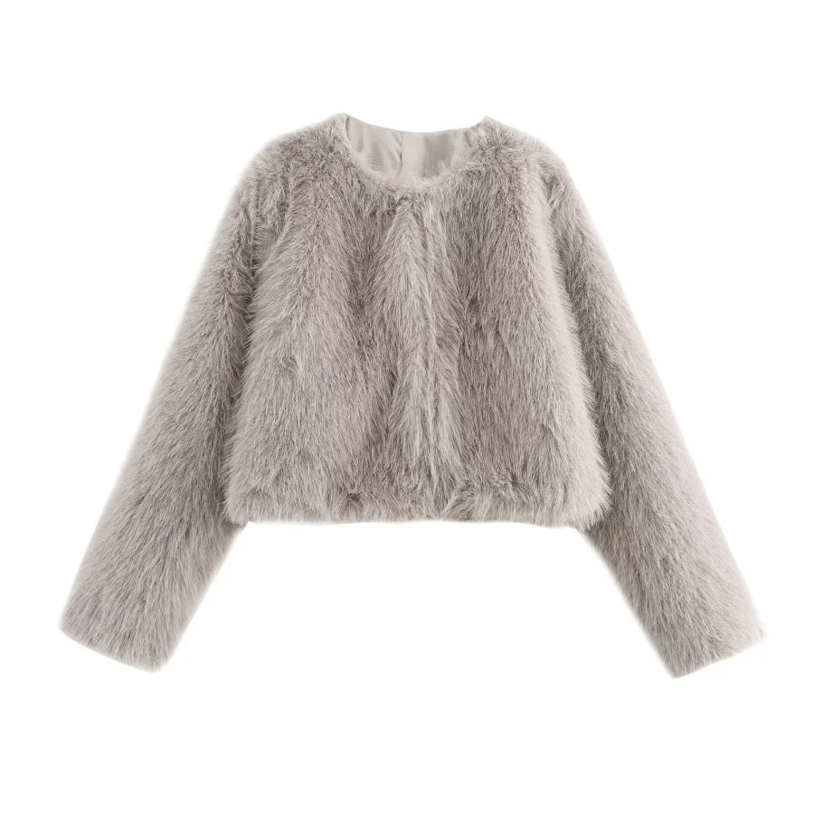 Women’s Faux Fur Short Jacket – Fall/Winter 2025 Round Neck Long Sleeve Coat