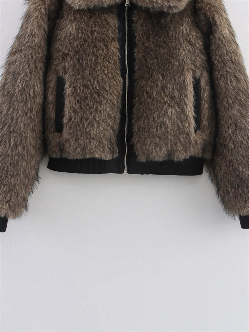 High-End Brown Faux Fur Jacket for Women –  Casual Fashion