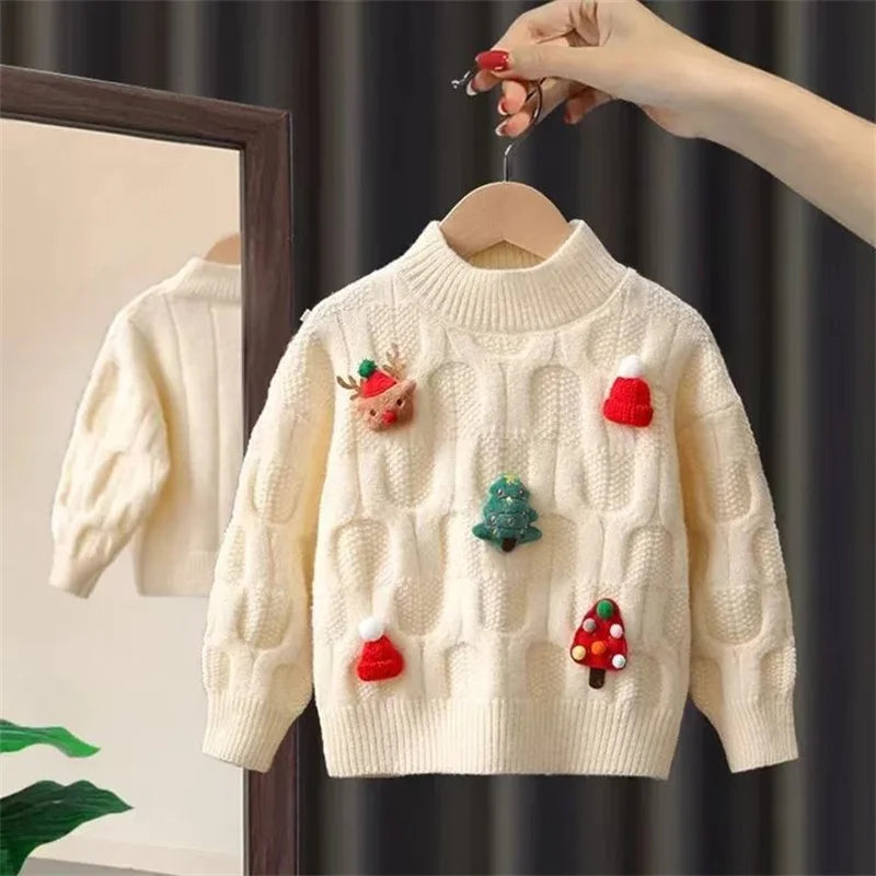 Christmas Cartoon Sweater for Girls – Warm Knit Pullover (2–8 Years)