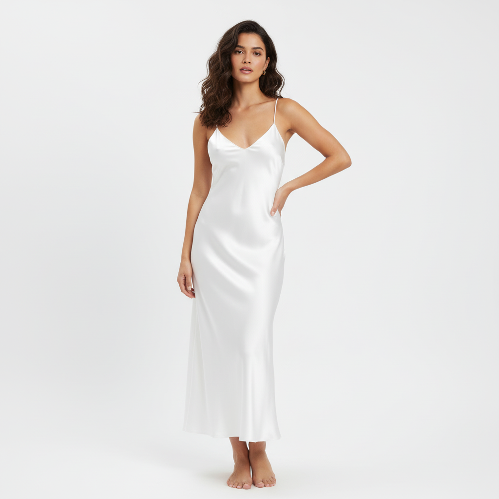 Women's Satin Midi Dress – V-Neck Backless Dress with Thin Straps