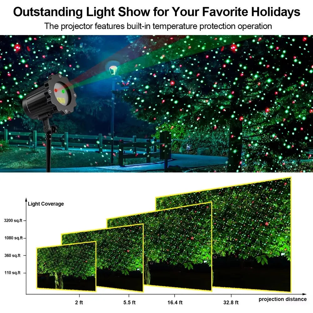 Christmas Projector Light Outdoor – Red & Green Star Shower Laser Garden Lights for Holiday Decoration
