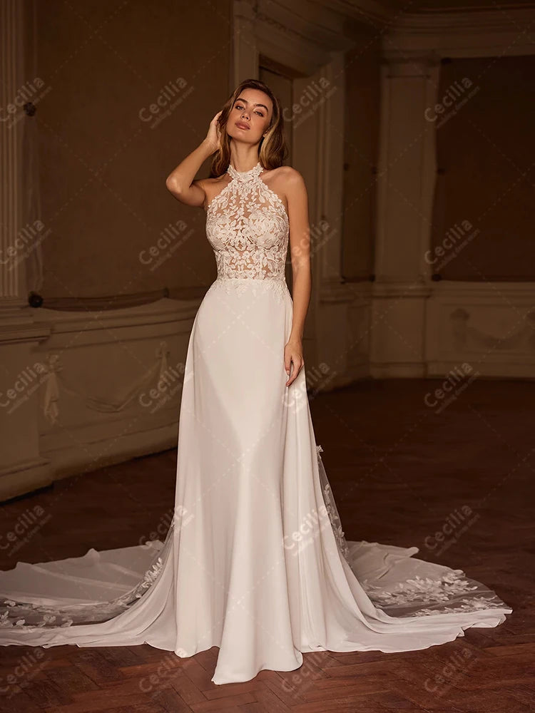Gorgeous Satin Wedding Dress – Sleeveless Halter Neck Bridal Gown with Lace Appliques
