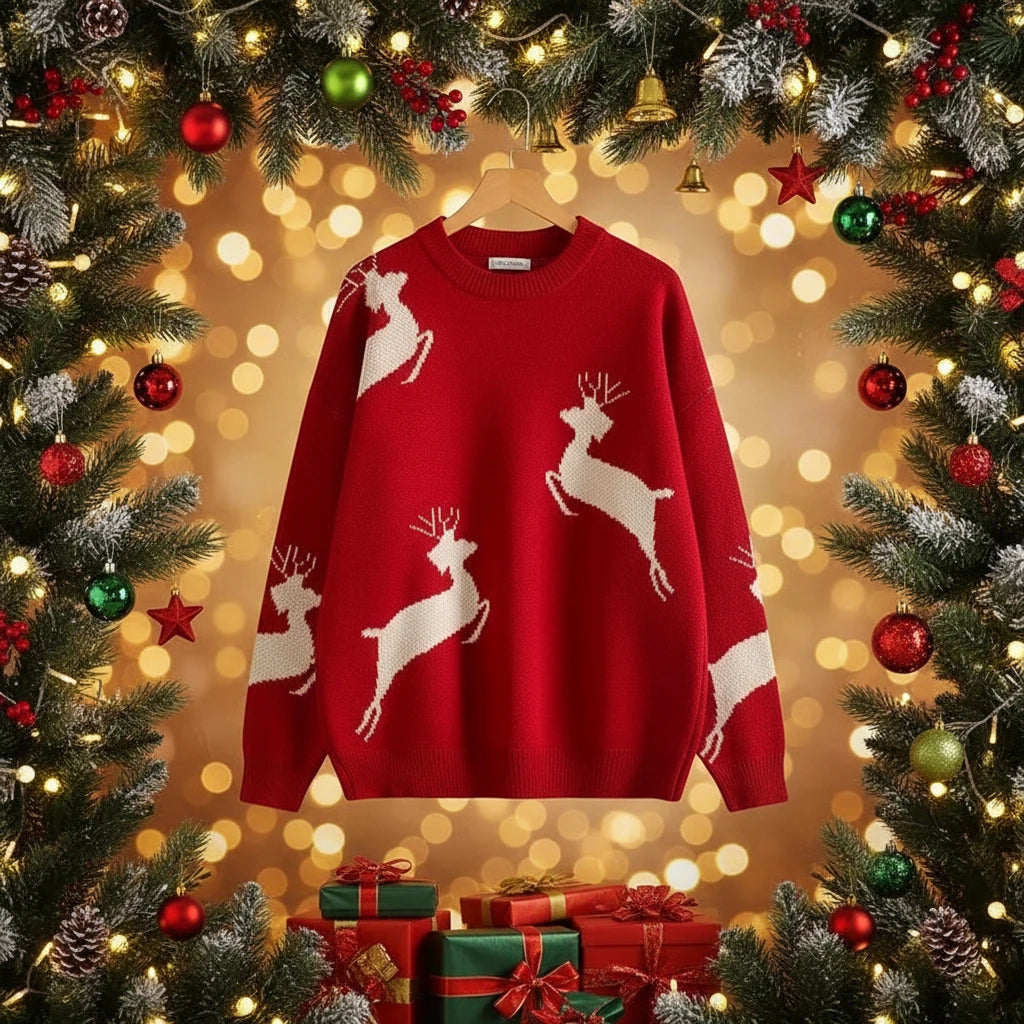 Cozy Unisex Christmas Reindeer Sweater – Oversized Holiday Pullover