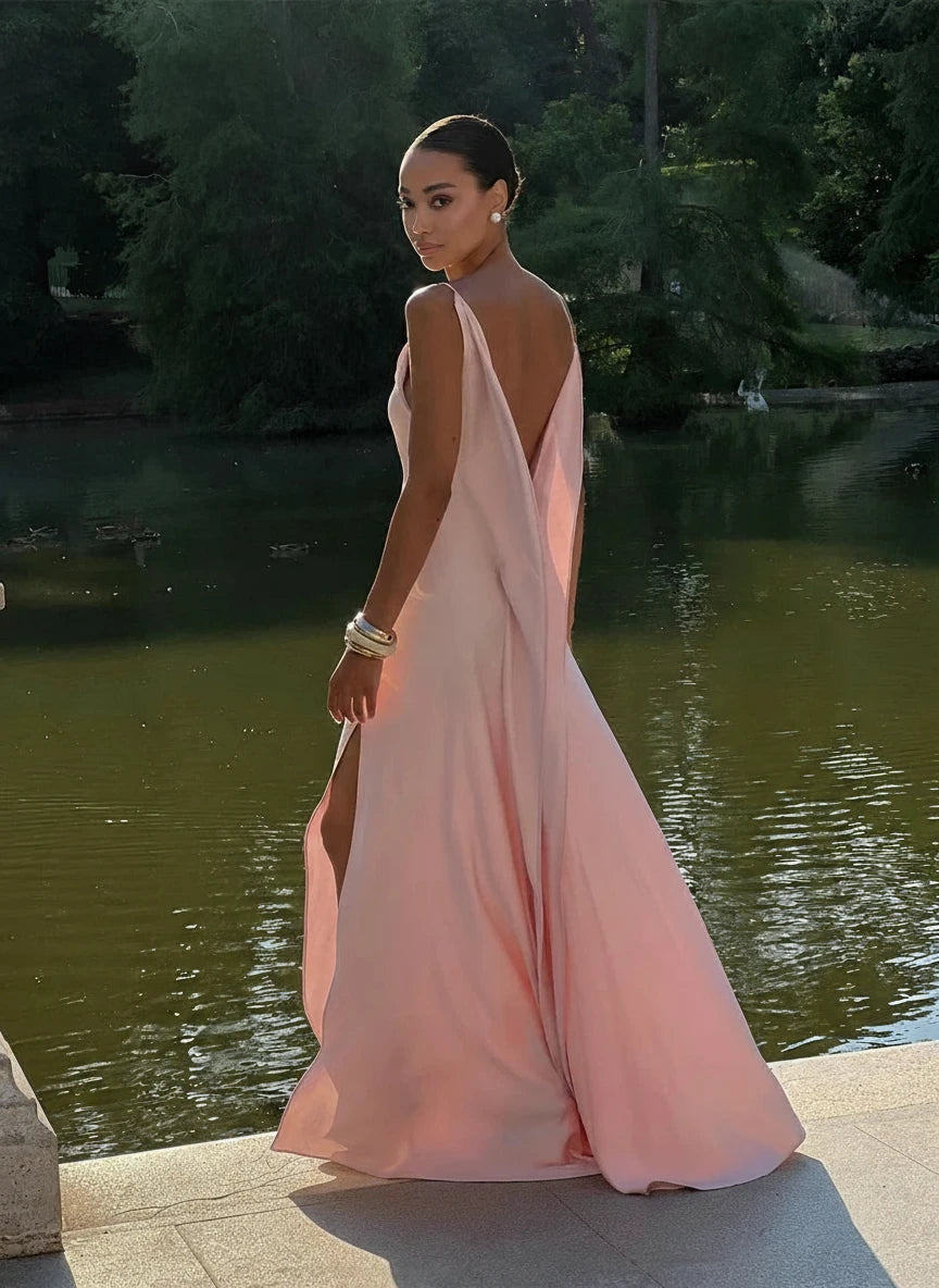 Customized Luxury Pink Satin Evening Dress – Sleeveless & Backless Gown