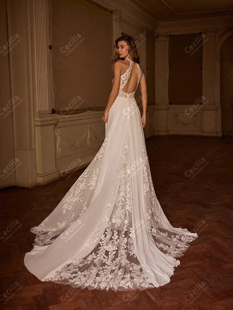 Gorgeous Satin Wedding Dress – Sleeveless Halter Neck Bridal Gown with Lace Appliques