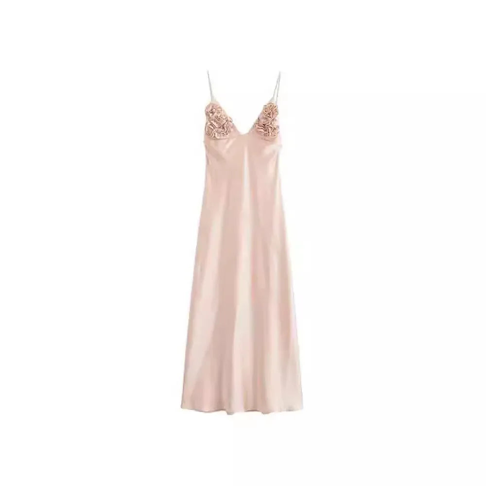 Elegant Satin Ruched Backless Midi Dress – 2025 Summer Party Fashion