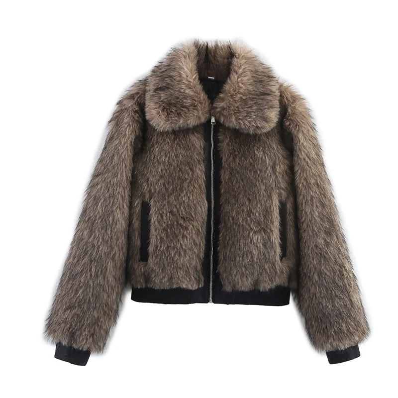 High-End Brown Faux Fur Jacket for Women –  Casual Fashion