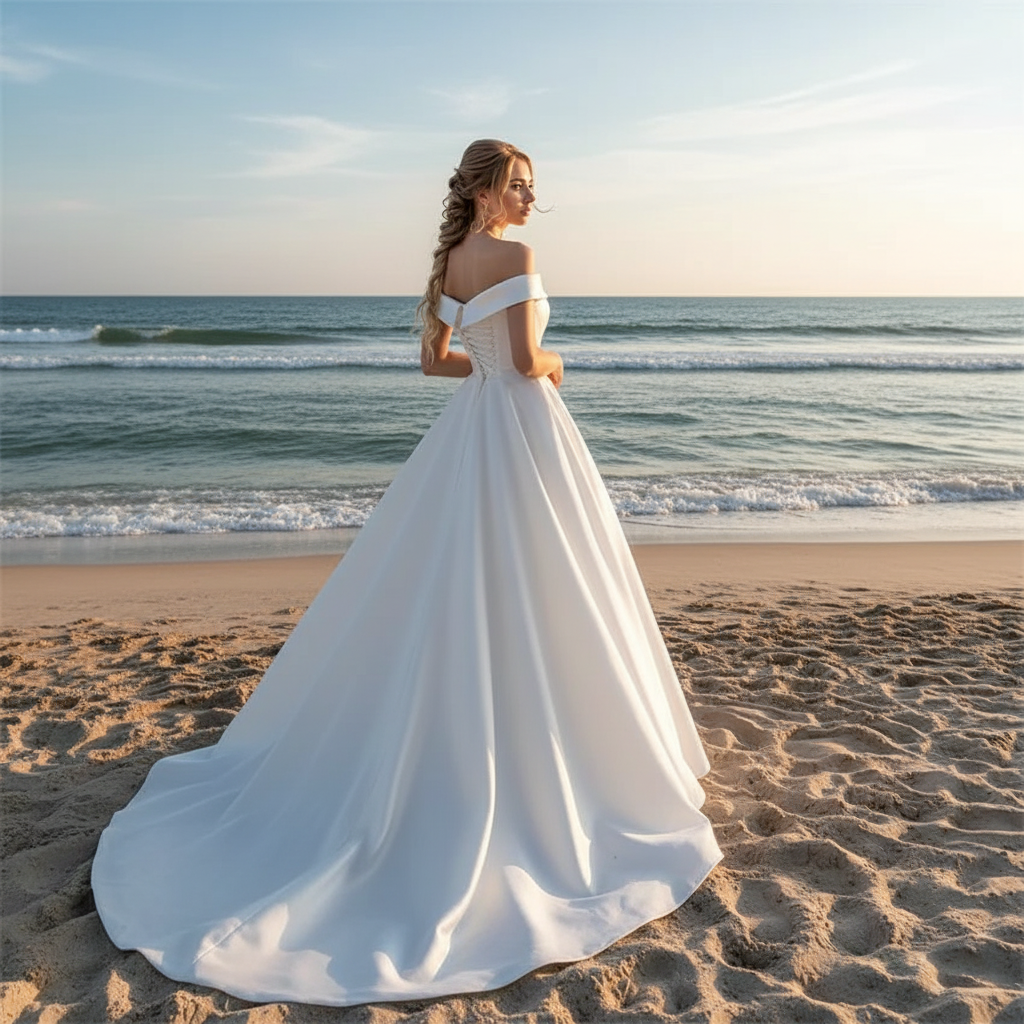Off-Shoulder Satin Wedding Dress – Elegant Simple Bridal Gown 2025